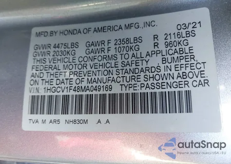 2021 Honda Accord Sport Special Edition из США, поврежденный, VIN 1HGCV1F48MA049169